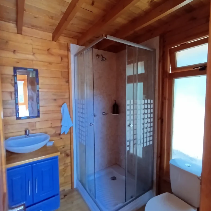 Interior de baño en Cabaña El Ensueño, estilo rústico moderno, con ducha, lavamanos azul y acabados de madera.