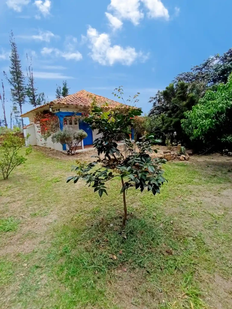 Casa de campo con encanto en Villa de Leyva, ideal para hospedaje premium, con jardín y vegetación exuberante.
