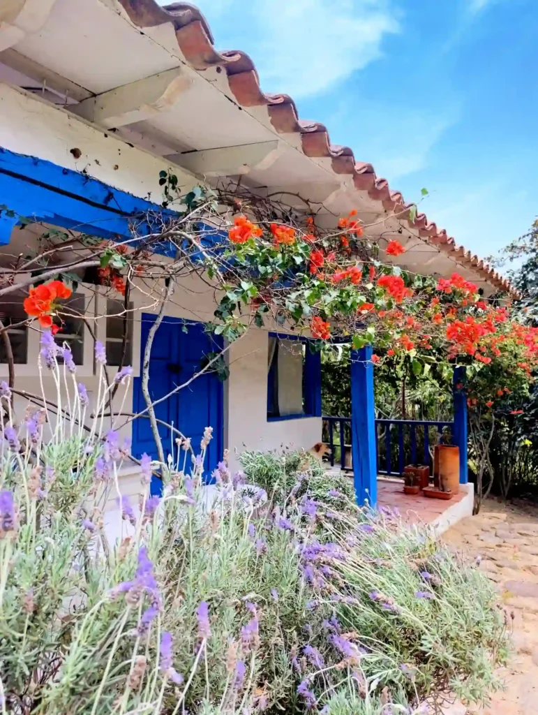Fachada rústica de cabaña con techo de teja, buganvilias exuberantes y plantas de lavanda al frente.