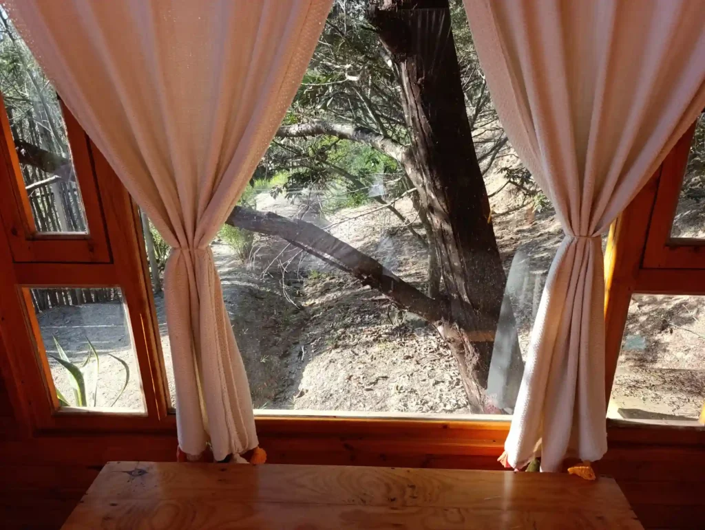 Hospedaje premium en Villa de Leyva: detalle de cortinas y ventana con vista a la naturaleza y árboles.