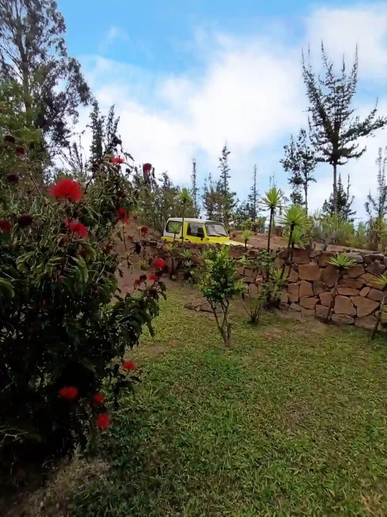 Vehículo todoterreno amarillo en sendero rural, con muro de piedra y flores rojas. Entorno de cabaña en Villa de Leyva.
