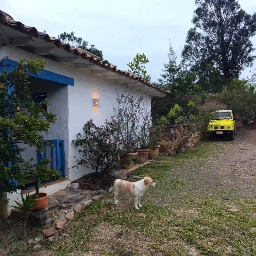 Cabaña blanca El Oteo en Villa de Leyva con perro, jeep amarillo y jardines exuberantes.