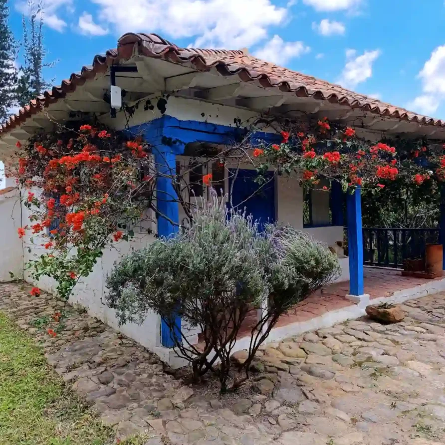 Casa de campo premium en Villa de Leyva: paredes blancas, tejado de teja y buganvillas rojas sobre un camino de piedra.