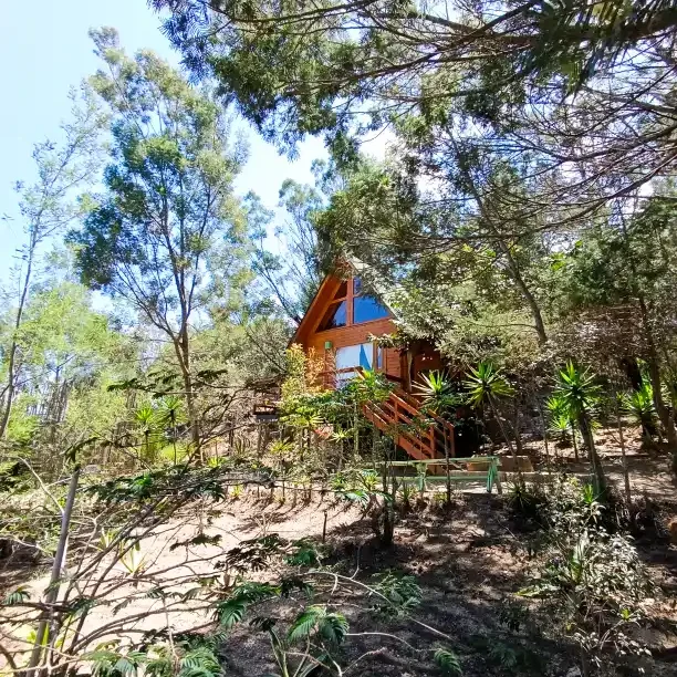 Cabaña rústica de madera entre árboles en Villa de Leyva, ideal para la desconexión. Parte del Hotel Hichatana y Zuetana, Cabaña el ensueño