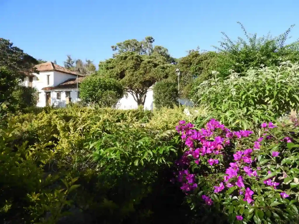 Casa colonial blanca con tejas rojas rodeada de jardines en Villa de Leyva.